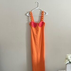 Orange and Pink Dress with Gold Button Straps and slit on the back